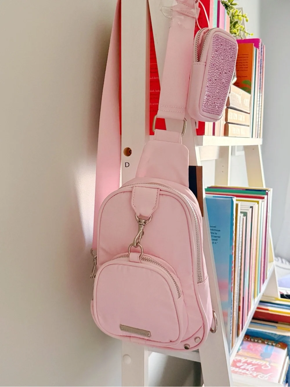 Madden Girl Pink Sling Bag NWT Crossbody Backpack Matching Rhinestone Zip Pouch